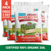 Four bags of Back to the Roots Organic Premium Blend Raised Bed Mix 1 cu.ft., featuring a "Certified 100% Organic Soil" banner—ideal premium soil for edible plants and top-quality organic gardening.