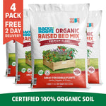 Four bags of Back to the Roots Organic Premium Blend Raised Bed Mix 1 cu.ft., featuring a "Certified 100% Organic Soil" banner—ideal premium soil for edible plants and top-quality organic gardening.