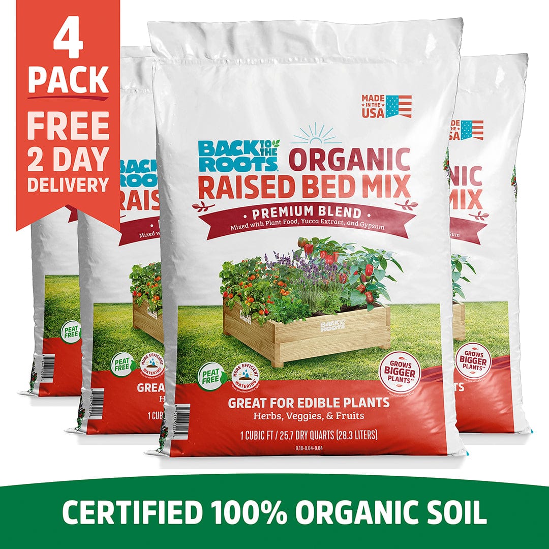 Four bags of Back to the Roots Organic Premium Blend Raised Bed Mix 1 cu.ft., featuring a "Certified 100% Organic Soil" banner—ideal premium soil for edible plants and top-quality organic gardening.