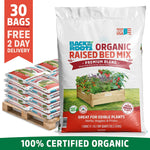 A pallet of 30 Back to the Roots Organic Bulk Raised Bed Soil (1 cu. ft. bags)—100% organic, peat-free soil for edible plants—with free 2-day delivery.