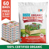 A pallet of 60 bags of Back to the Roots Organic Bulk Raised Bed Soil (1 cu. ft. each) sits next to a close-up showing the bag labeled as 100% certified organic.