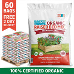 A pallet of 60 bags of Back to the Roots Organic Bulk Raised Bed Soil (1 cu. ft. each) sits next to a close-up showing the bag labeled as 100% certified organic.