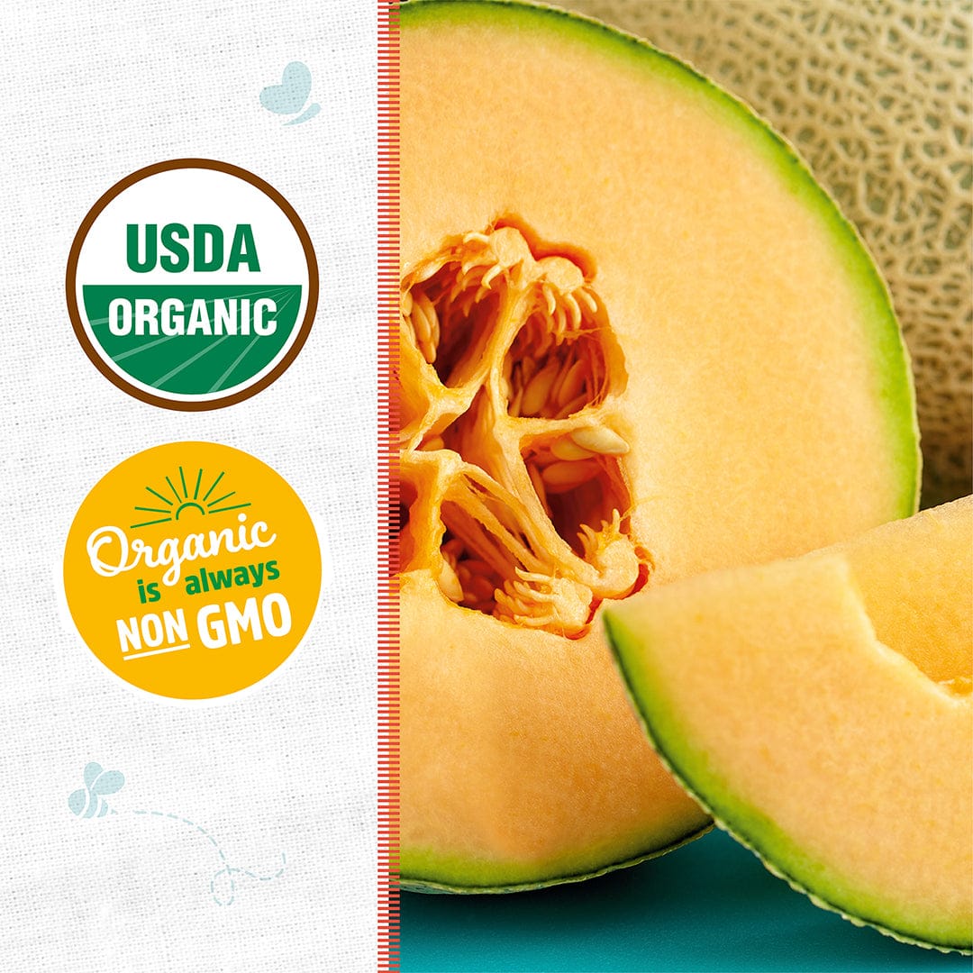 Half a ripe orange cantaloupe melon with visible seeds and one wedge cut out, accompanied by USDA Organic and Non-GMO labels. - Organic Cantaloupe Seeds — 'Honey Rock' - Default Title - Back to the Roots