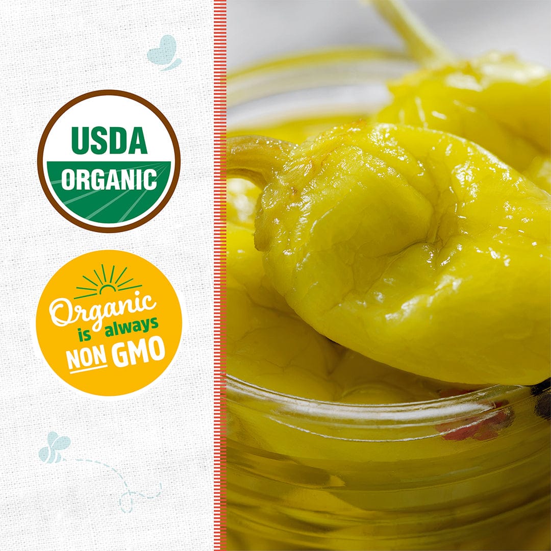 Close-up of bright yellow pickled pepperoncini peppers in a glass jar with USDA Organic and Non-GMO labels on the side. - Organic Pepper Seeds — 'Pepperoncini' - Default Title - Back to the Roots
