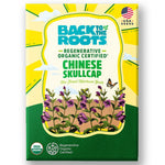 Green and yellow seed packet with illustrations of purple-flowered Chinese skullcap plants and organic certification logos. - Organic Chinese Skullcap Seeds ROC - Default Title - Back to the Roots