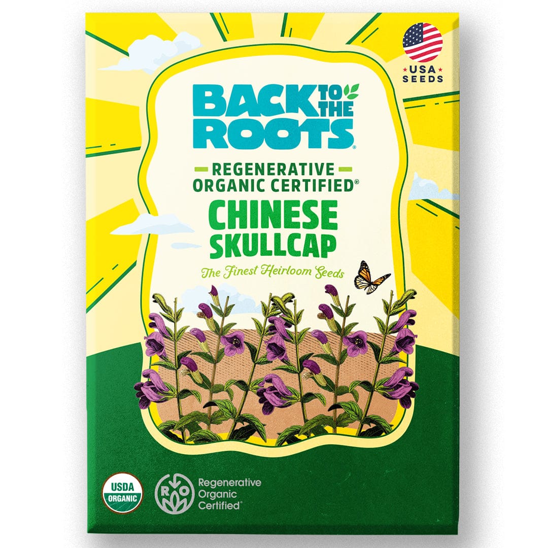 Green and yellow seed packet with illustrations of purple-flowered Chinese skullcap plants and organic certification logos. - Organic Chinese Skullcap Seeds ROC - Default Title - Back to the Roots