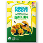 Bright green and yellow packet labeled "Back to the Roots Organic Certified Dandelion Seeds" with illustrations of blooming. - Organic Dandelion Seeds ROC - Default Title - Back to the Roots