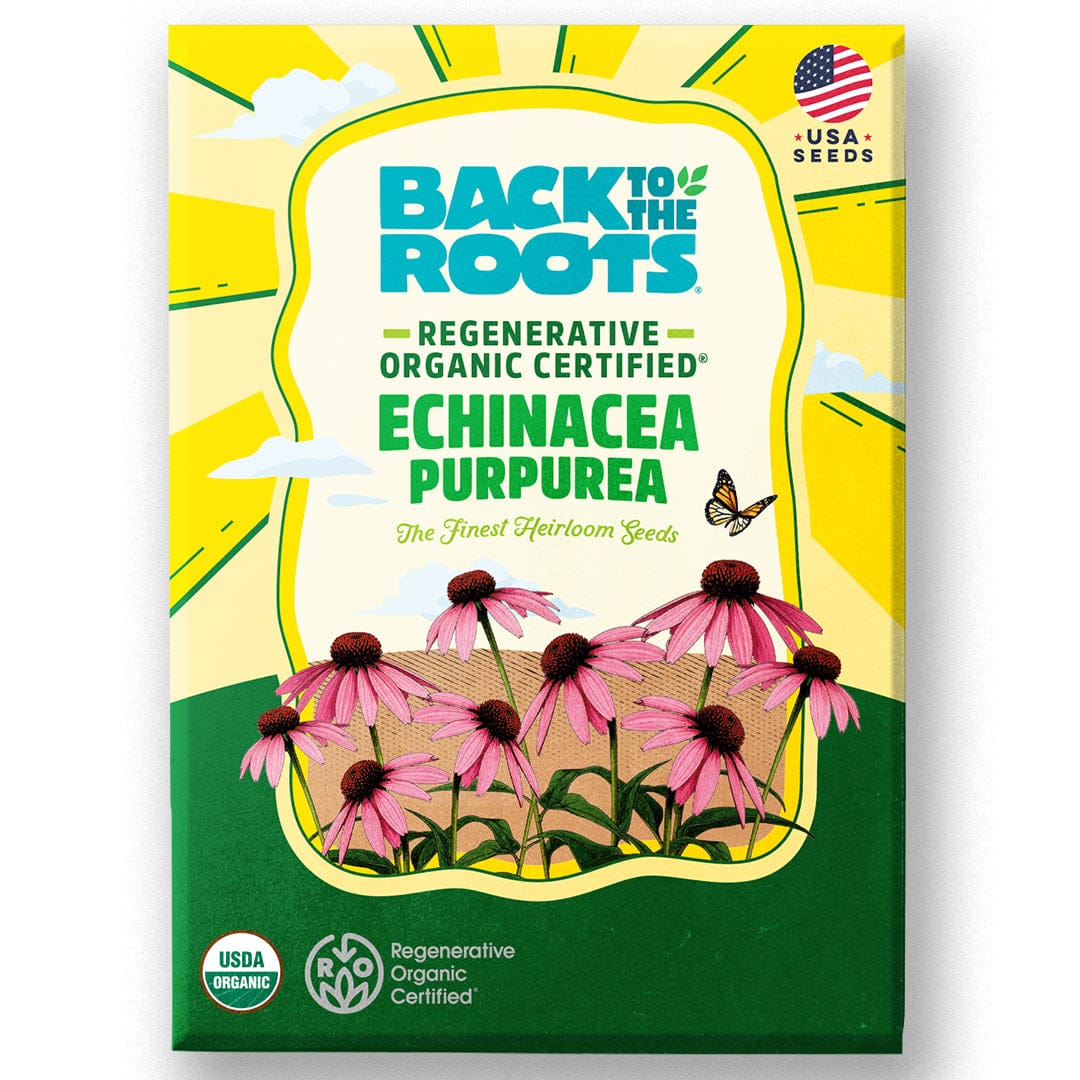 Bright green and yellow seed packet with illustrated pink echinacea flowers and "Back to the Roots" branding. - Organic Echinacea Purpurea Seeds ROC - Default Title - Back to the Roots