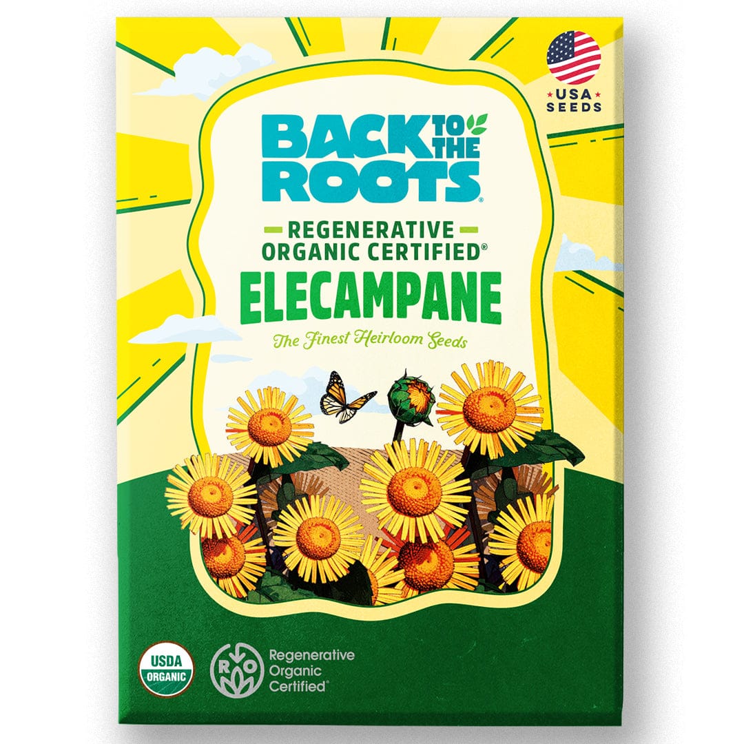 Bright yellow and green seed packet featuring sunflowers and a butterfly, labeled Back to the Roots Organic Elecampane Seeds. - Organic Elecampane Seeds ROC - Default Title - Back to the Roots