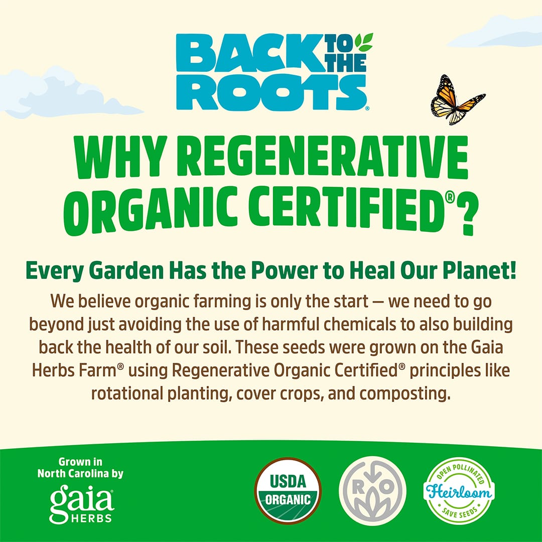 Text graphic showing the benefits of Regenerative Organic Certified® farming with Back to the Roots Echinacea (Purpurea) Seeds, featuring certification logos and nature-inspired elements like perennial herb illustrations and Echinacea seeds.