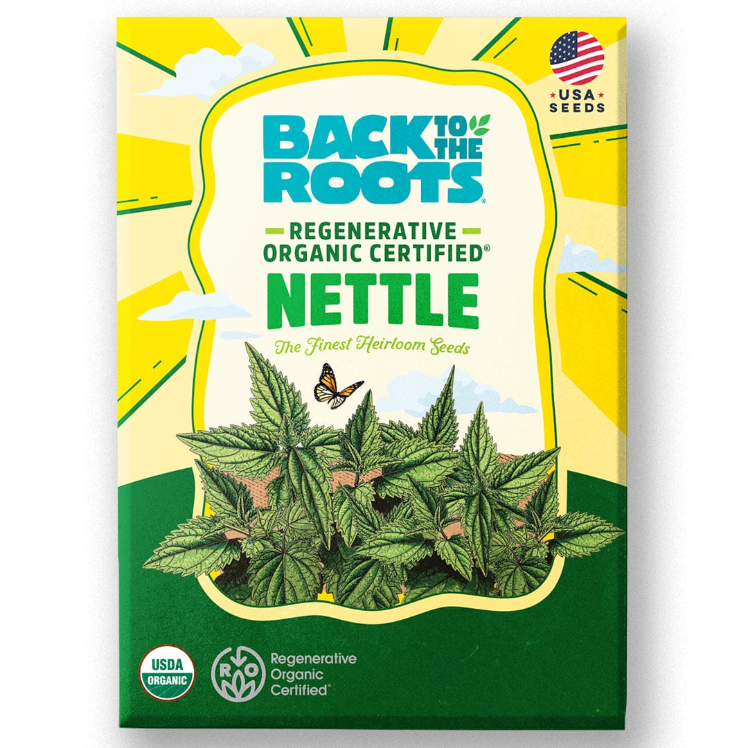 Green and yellow seed packet labeled Back to the Roots Organic Certified Nettle with illustrated nettle plants and butterfly. - Organic Nettle Seeds ROC - Default Title - Back to the Roots