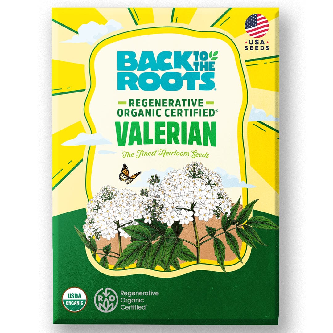 Bright yellow and green packet of Back to the Roots organic valerian seeds featuring white valerian flowers and leaves. - Organic Valerian Seeds - Default Title - Back to the Roots
