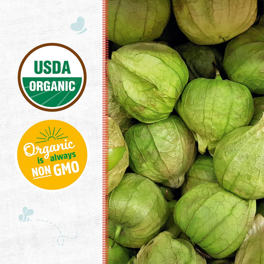 Cluster of fresh green husked tomatillos with USDA Organic and Non-GMO labels on the side. - Organic Tomatillo Seeds — 'Green Husk' - Default Title - Back to the Roots