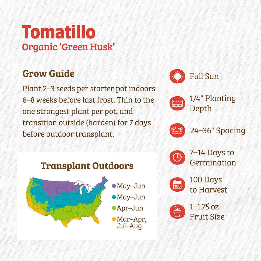 Organic Tomatillo seed packet with planting guide, full sun icon, spacing, germination, and harvest info, colorful map. - Organic Tomatillo Seeds — 'Green Husk' - Default Title - Back to the Roots