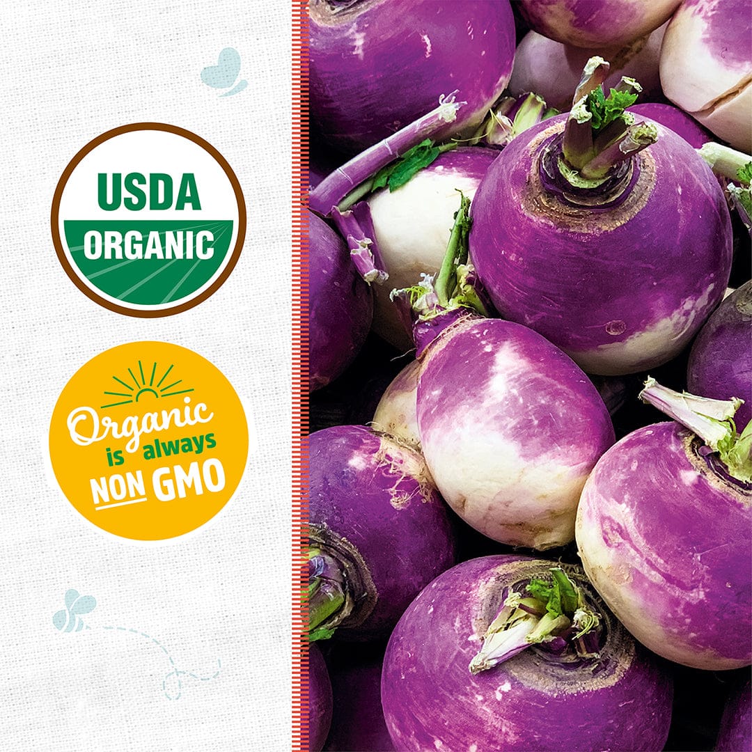 Close-up of round purple and white turnips with green stems, USDA organic and non-GMO badges on left side. - Organic Turnip Seeds — 'Purple Top White Globe' - Default Title - Back to the Roots