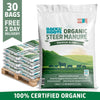 A stack of 30 Back to the Roots Organic Bulk Steer Manure bags (1 cu. ft. each) is shown, featuring a premium soil amendment blend and 100% certified organic ingredients.