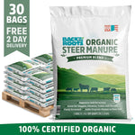 A stack of 30 Back to the Roots Organic Bulk Steer Manure bags (1 cu. ft. each) is shown, featuring a premium soil amendment blend and 100% certified organic ingredients.