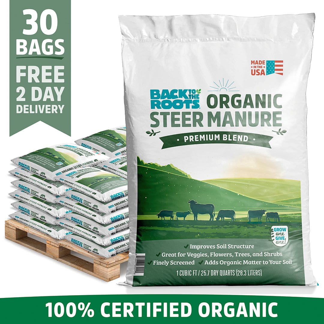 A stack of 30 Back to the Roots Organic Bulk Steer Manure bags (1 cu. ft. each) is shown, featuring a premium soil amendment blend and 100% certified organic ingredients.