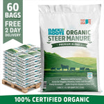 A pallet of 60 Back to the Roots Organic Bulk Steer Manure 1 cu.ft. bags; 100% certified organic soil amendment that improves soil structure and plant growth; made in the USA.