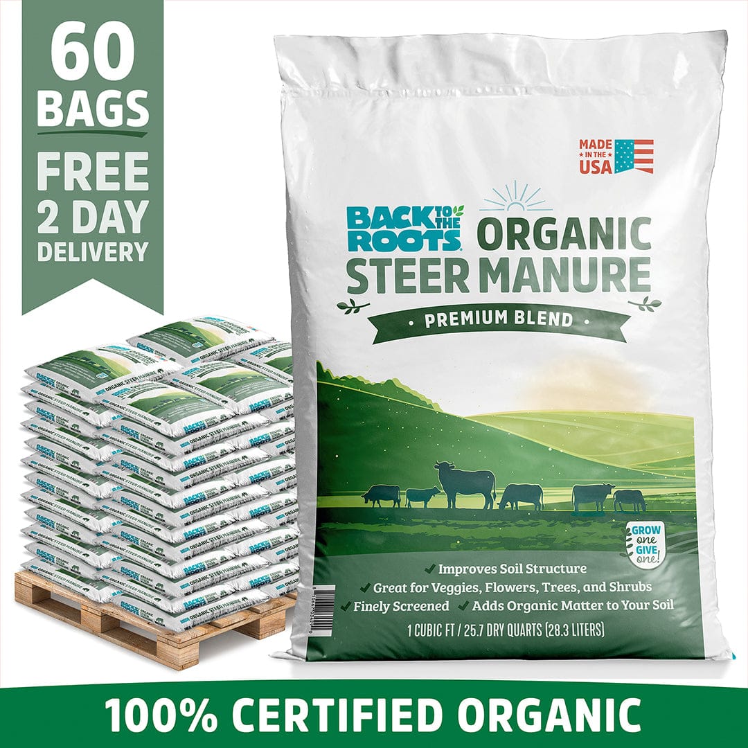 A pallet of 60 Back to the Roots Organic Bulk Steer Manure 1 cu.ft. bags; 100% certified organic soil amendment that improves soil structure and plant growth; made in the USA.