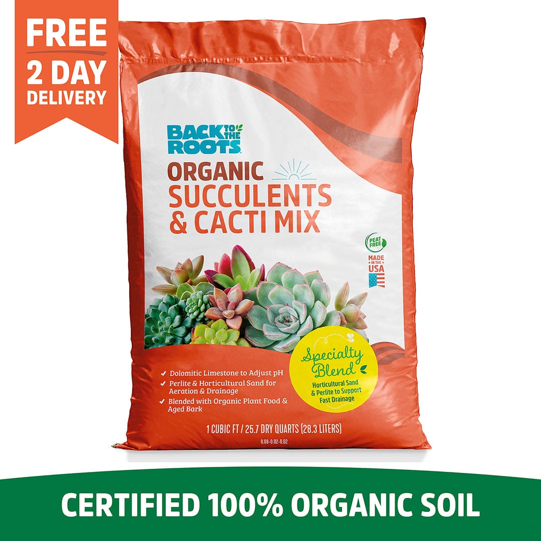 A 1 cu.ft. bag of Back to the Roots Organic Specialty Blend Succulents & Cacti Mix, featuring fast drainage, certified 100% organic soil, and free 2-day delivery.