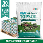 Back to the Roots Organic Bulk Topsoil (30 1 cu.ft. bags) is shown in front of a pallet with matching bags. Text highlights 30-bag quantity, free 2-day delivery, and 100% certified organic.