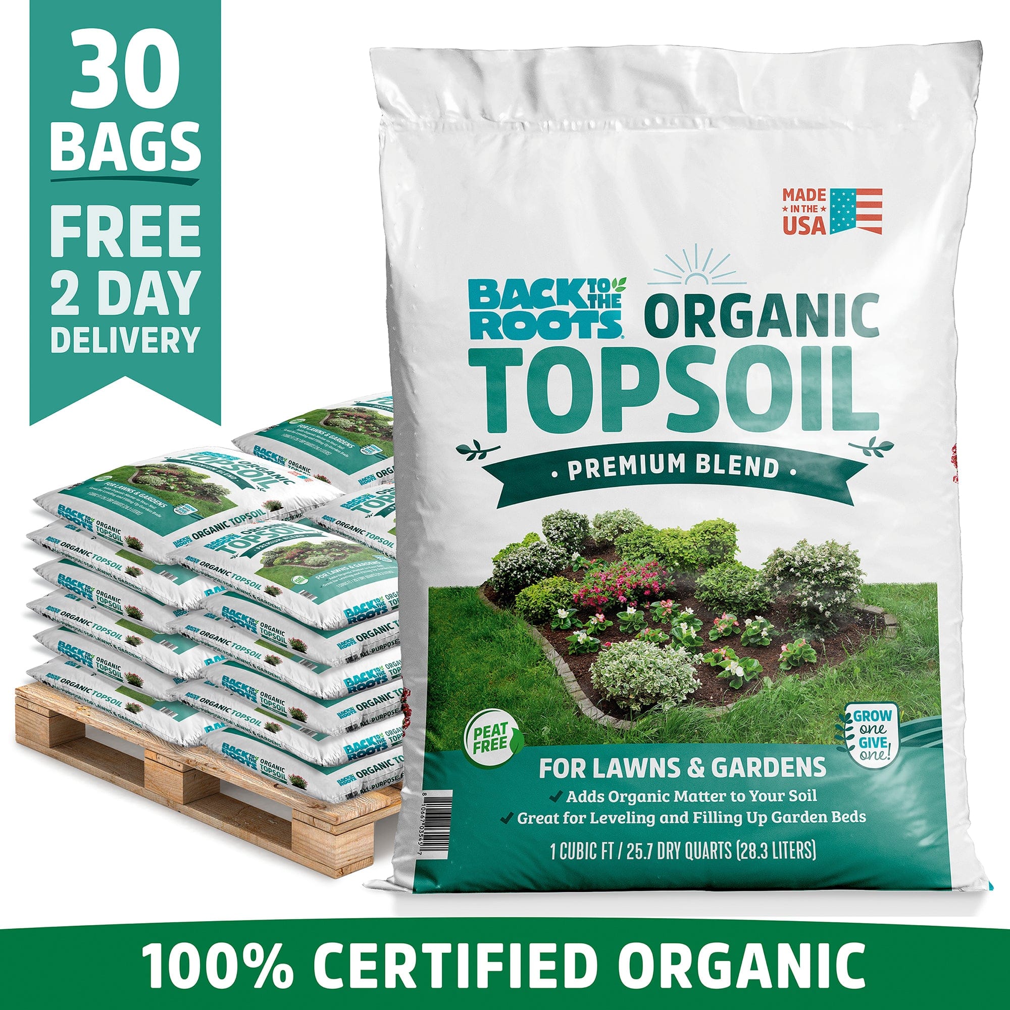Back to the Roots Organic Bulk Topsoil (30 1 cu.ft. bags) is shown in front of a pallet with matching bags. Text highlights 30-bag quantity, free 2-day delivery, and 100% certified organic.