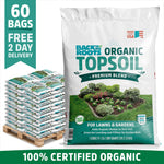 A large pallet of Back to the Roots Organic Bulk Topsoil (60 1 cu.ft. bags) offers 100% certified organic topsoil, free 2-day delivery, and is available in California.