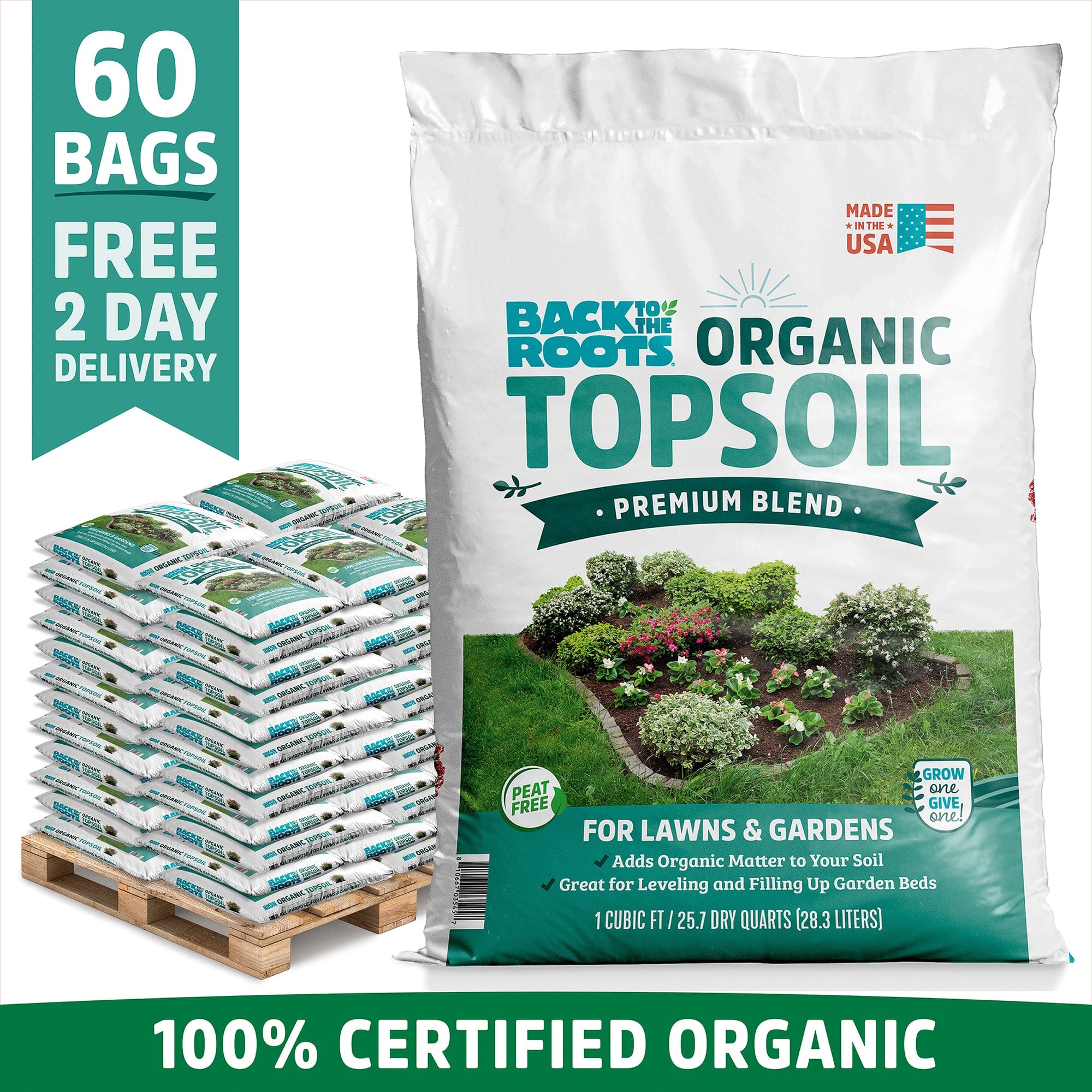 A large pallet of Back to the Roots Organic Bulk Topsoil (60 1 cu.ft. bags) offers 100% certified organic topsoil, free 2-day delivery, and is available in California.