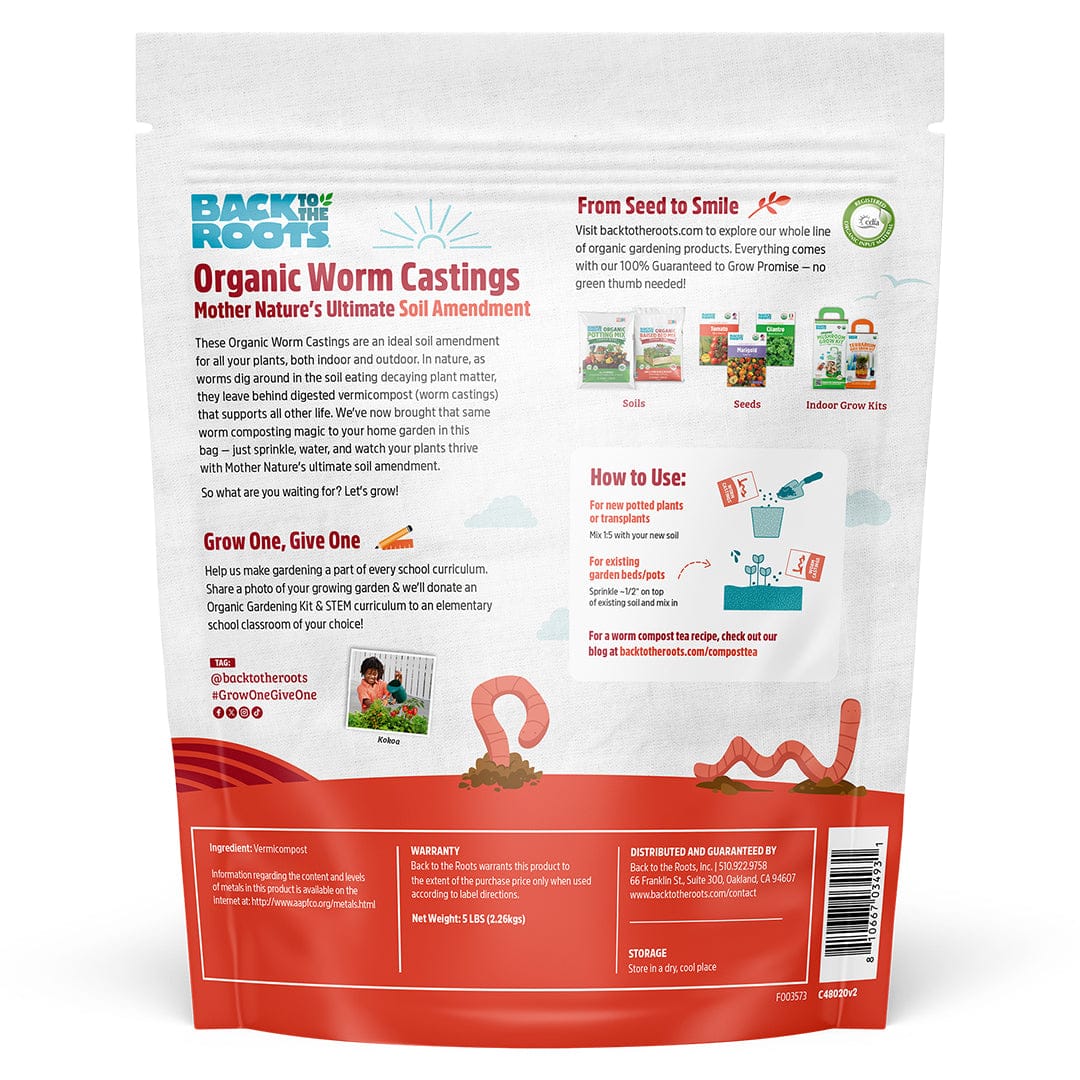 5lb white and red pouch of organic worm castings with detailed product info and usage instructions on front. - Organic Worm Castings 5lb Pouch - Default Title - Back to the Roots