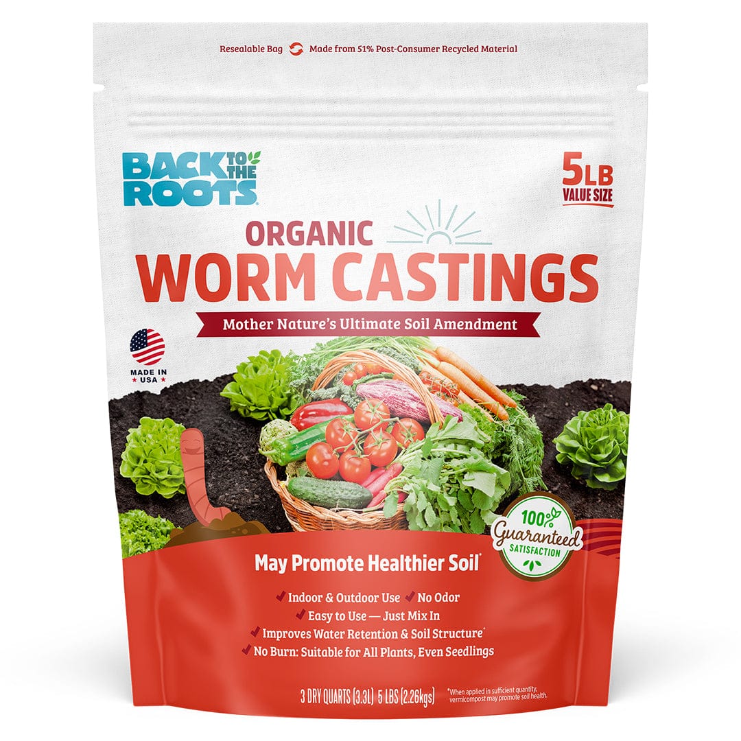 5lb pouch of organic worm castings with colorful vegetable illustrations on white and red packaging. - Organic Worm Castings 5lb Pouch - Default Title - Back to the Roots