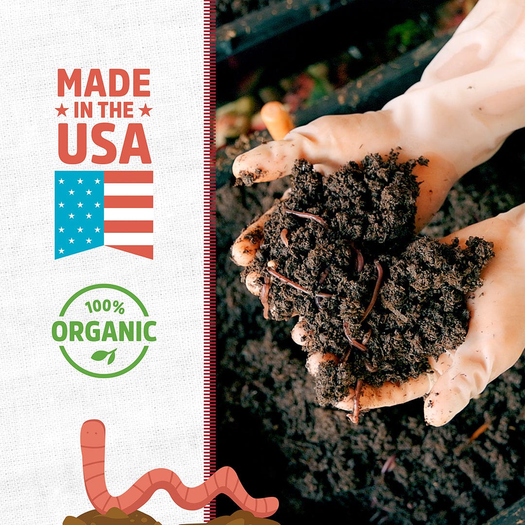 Hands holding dark, crumbly organic worm castings with visible red worms against a soil background. - Organic Worm Castings 5lb Pouch - Default Title - Back to the Roots