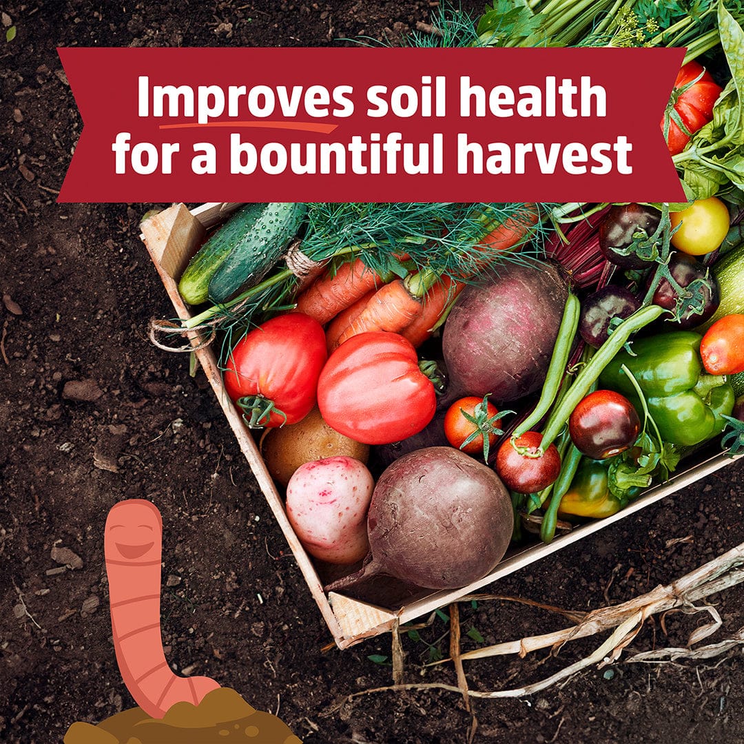 5lb pouch of organic worm castings with fresh garden vegetables in a crate on soil background. - Organic Worm Castings 5lb Pouch - Default Title - Back to the Roots