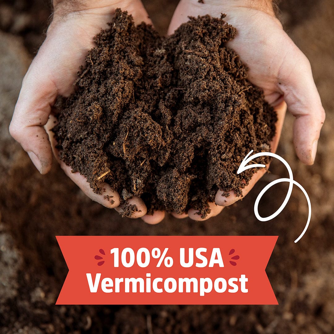 Hands holding dark brown, crumbly organic worm castings with rich texture over more castings in the background and a red. - Organic Worm Castings 5lb Pouch - Default Title - Back to the Roots