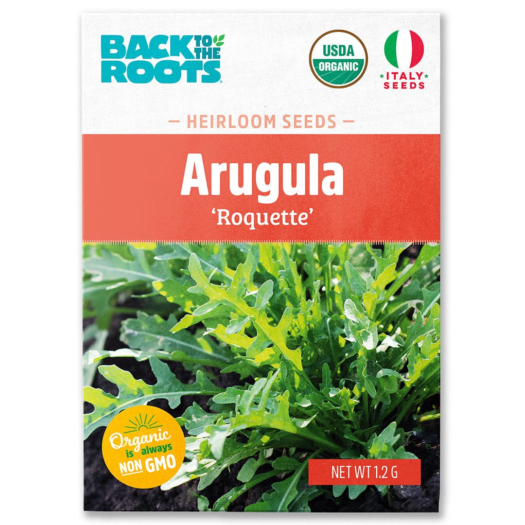 Back to the Roots Organic Arugula Seeds ‘Roquette’, USDA Organic and Non-GMO, perfect for cool-season gardens; features fresh salad greens on the label.