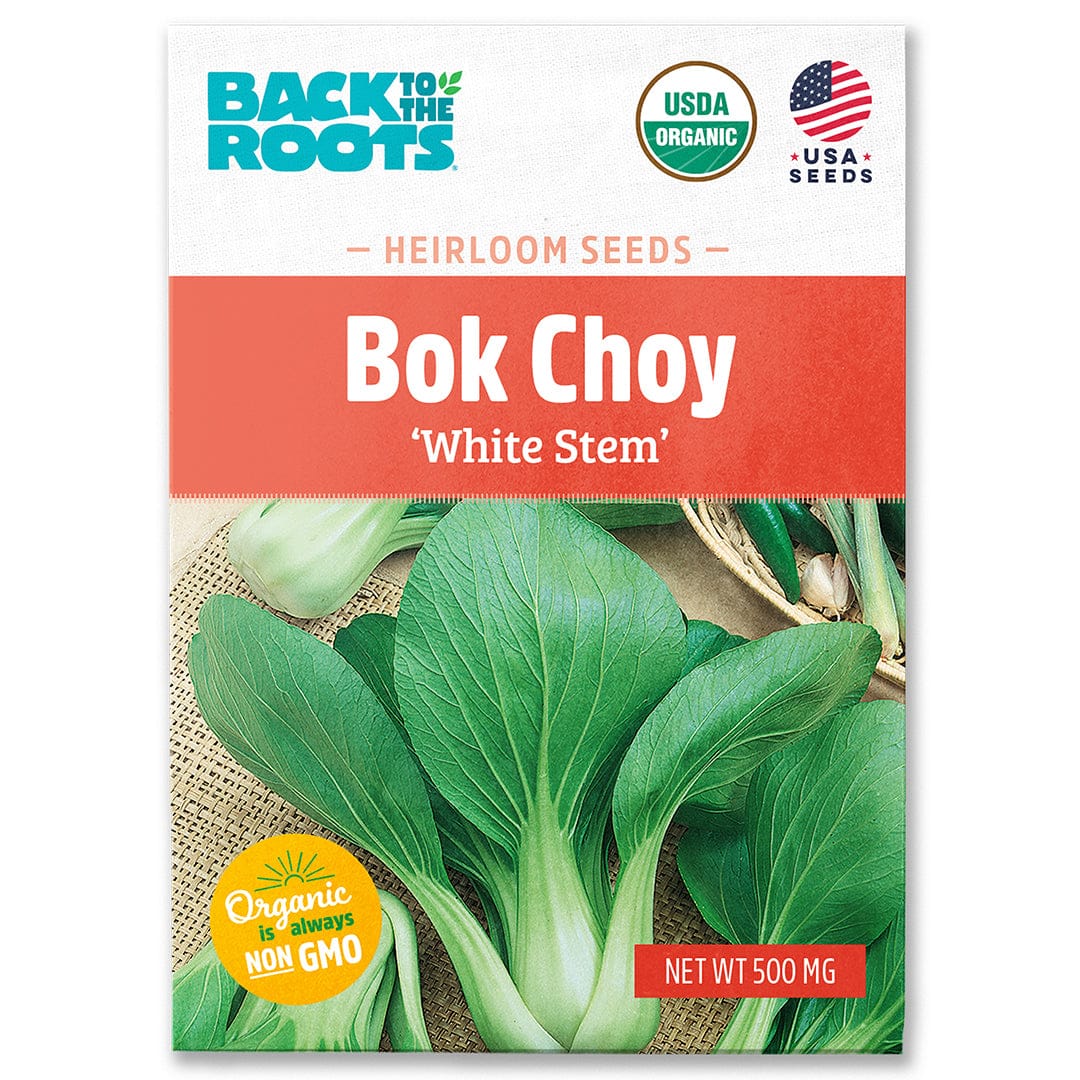 Back to the Roots Organic Bok Choy Seeds—‘White Stem’—are USDA Organic, Non-GMO, and USA-sourced. Grow fresh, crisp Asian greens at home with these heirloom seeds. Features bok choy image on the packet.
