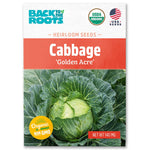 Back to the Roots Organic Cabbage Seeds — 'Golden Acre', USDA Organic, Non-GMO, USA grown. Features a mature cabbage image—ideal for growing fresh cabbage right in your garden.