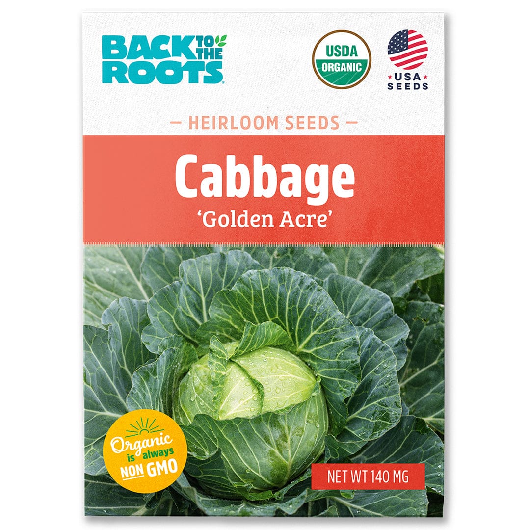 Back to the Roots Organic Cabbage Seeds — 'Golden Acre', USDA Organic, Non-GMO, USA grown. Features a mature cabbage image—ideal for growing fresh cabbage right in your garden.
