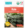 Front of a Back to the Roots Organic Kale Seeds — 'Lacinato/Dinosaur' packet, showing fresh greens with USDA organic and non-GMO labels—ideal for homegrown, cold-hardy vegetables.