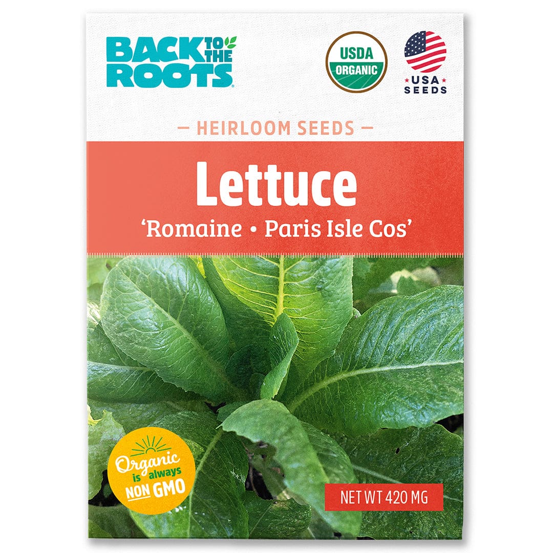Back to the Roots Organic Lettuce Seeds — Romaine 'Paris Isle Cos' are a cool weather crop, perfect for fresh salads. The pack features romaine lettuce imagery and labels: USDA organic, non-GMO, and USA grown seeds.
