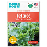 A packet of Back to the Roots Organic Lettuce Seeds — 'Bibb Butterhead' (USDA organic, non-GMO, USA seeds) features green lettuce leaves—an ideal cool weather crop for home growing.