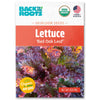 Packet of Back to the Roots Organic Lettuce Seeds — 'Red Oak Leaf,' featuring a photo of burgundy salad greens. Ideal for cool-weather growing. USDA Organic and Non-GMO icons displayed.