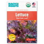Packet of Back to the Roots Organic Lettuce Seeds — 'Red Oak Leaf,' featuring a photo of burgundy salad greens. Ideal for cool-weather growing. USDA Organic and Non-GMO icons displayed.