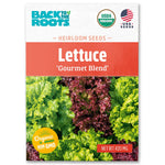 Back to the Roots Organic Lettuce Seeds — 'Gourmet Blend' offer organic, non-GMO seeds for a cool weather salad mix. The front shows vibrant green and red leaves—ideal for growing delicious gourmet salads at home.