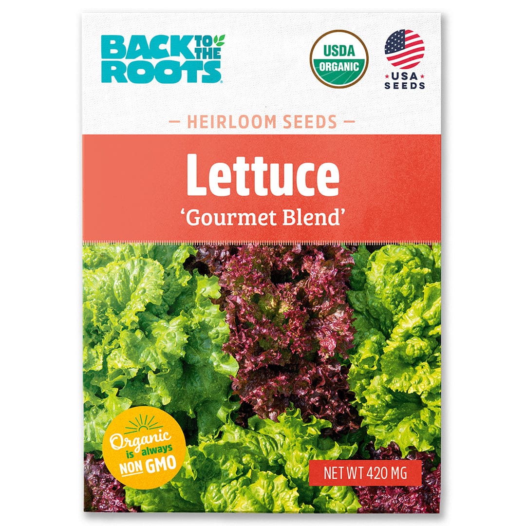 Back to the Roots Organic Lettuce Seeds — 'Gourmet Blend' offer organic, non-GMO seeds for a cool weather salad mix. The front shows vibrant green and red leaves—ideal for growing delicious gourmet salads at home.