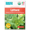 Back to the Roots Organic Lettuce Seeds — 'Green Leaf Black Seeded Simpson' are non-GMO and ideal for cool weather salads. Features a photo of vibrant green lettuce on the packet.