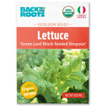 Back to the Roots Organic Lettuce Seeds — 'Green Leaf Black Seeded Simpson' are non-GMO and ideal for cool weather salads. Features a photo of vibrant green lettuce on the packet.