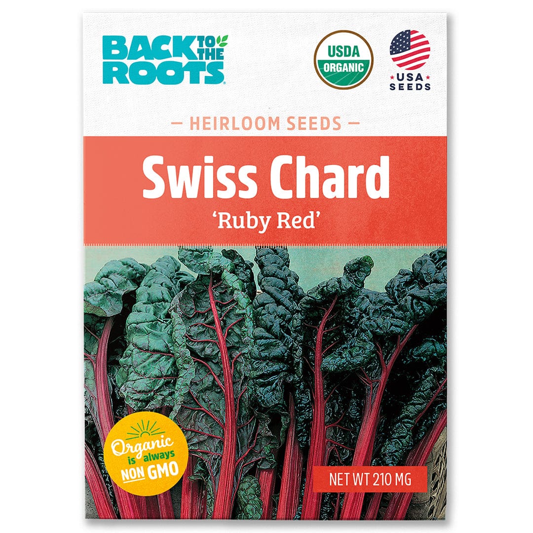 Packet of Back to the Roots Organic Swiss Chard Seeds—'Ruby Red' heirloom, USDA organic, non-GMO, and grown in the USA. Enjoy lush green leaves with red stems in your veggie garden. Use our grow calendar for planting tips!.