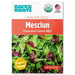 Back to the Roots Organic Mesclun Seeds — 'Gourmet Salad Mix,' featuring fresh salad greens on the pack, are USDA Organic and Non-GMO certified.