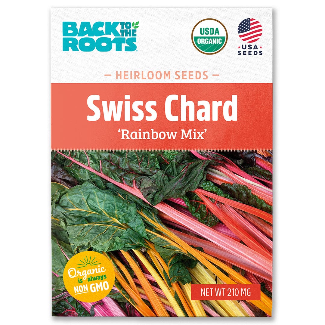 Back to the Roots Organic Swiss Chard Seeds — 'Rainbow Mix', USDA Organic, non-GMO, made in the USA, with vibrant greens on packaging featuring colorful stems and leaves.